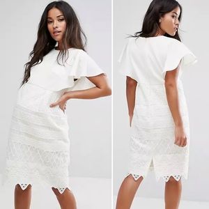 Chi Chi London 2-in-1 Pencil Dress Lace Skirt Ivory White Shift Flutter Sleeve
